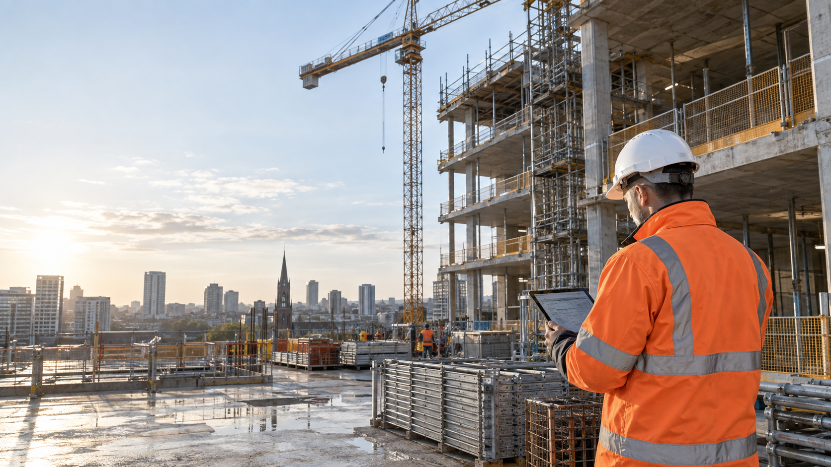 Commercial manager reviewing project information on an active construction site