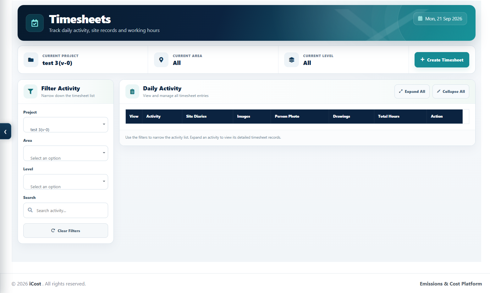I-Cost timesheets screen