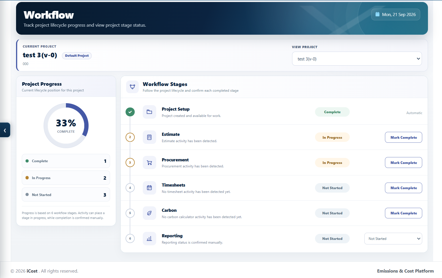 I-Cost project workflow screen