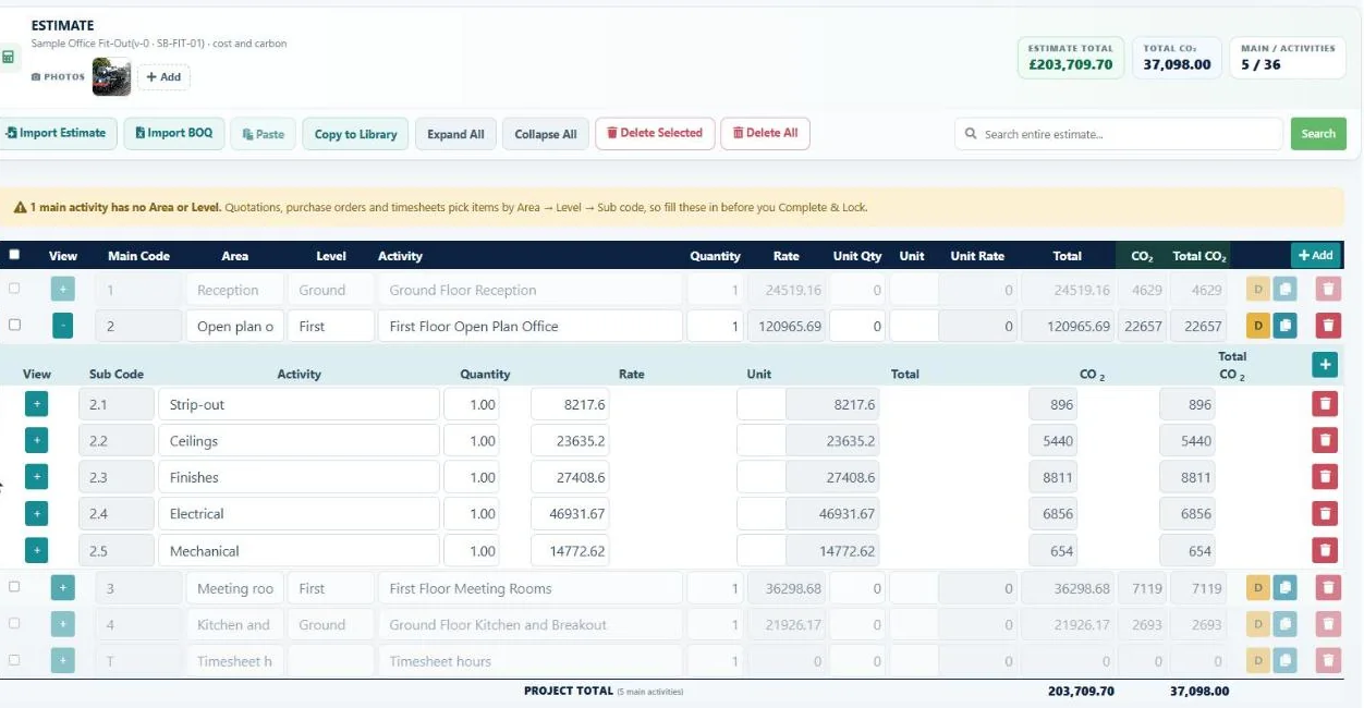 I-Cost estimate with cost rates, totals and carbon on every line