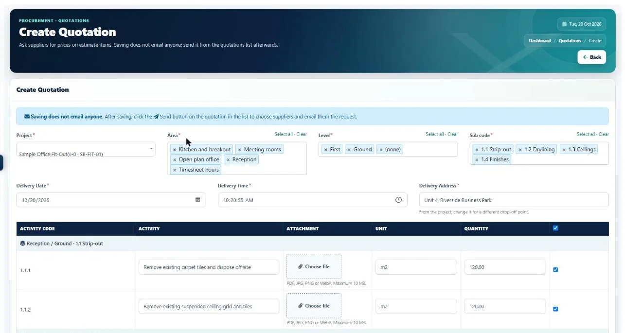 I-Cost quotation request form with areas, levels, sections and quantities picked from the estimate